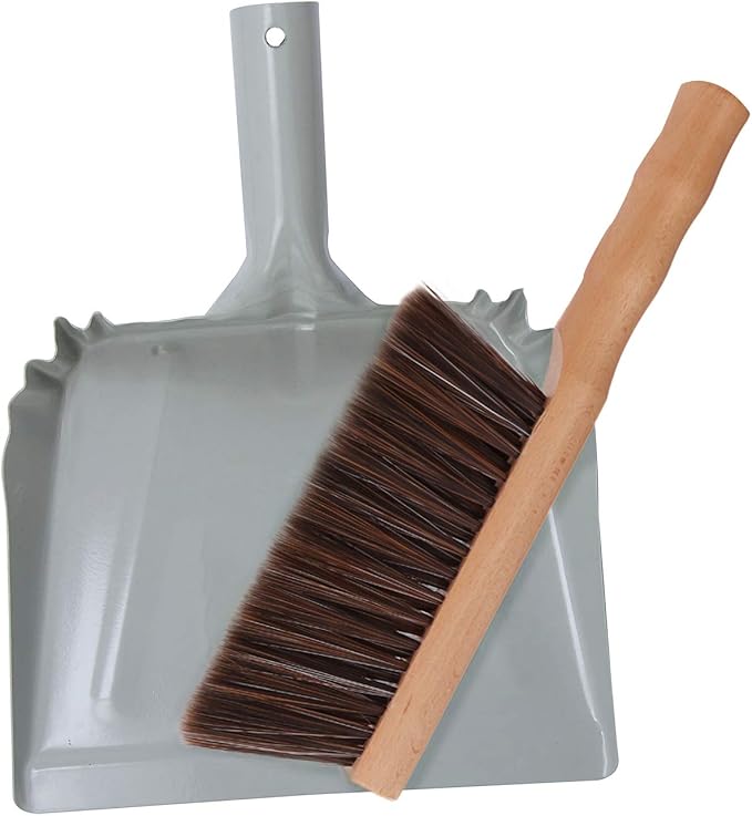 Metal Dust Pan and Brush Set Heavy Duty for Fireplace Garage Shop 9" Wide | Small Hand Broom and Dustpan for Woodstove Ash Cat Litter Outdoor Camping Soft Bristle Wooden Dusting Brush Indoor Cleaning