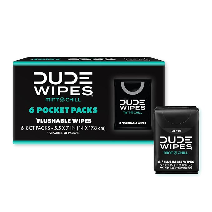 DUDE Wipes Mint Chill Pocket Packs - Travel Wipes - 6 Packs of 8 (48 Count) - On-The-Go Adult Flushable Wipes - Infused with Tea Tree Oil, Vitamin E, and Aloe - Septic and Sewer Safe
