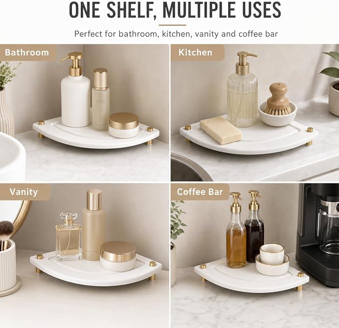 Corner Counter Shelf, Water Absorbing Stone Drying Tray Mat for Kitchen & Bathroom Sink, Diatomaceous Gold Faucet Coaster Soap Dish Rack Riser Dispenser Sponge Holder, White, 8.5" x 8.5"