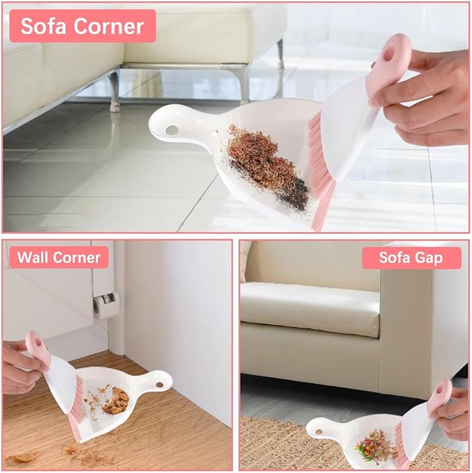 Small Hand Dust Pan and Brush - Small Broom and Dustpan Set, Mini Broom and Dustpan, Compact Dustpans and Brush for Home Cleaning, Sofa, Desk, Guinea Pig Cage, Cat Litter, etc. (Pink)