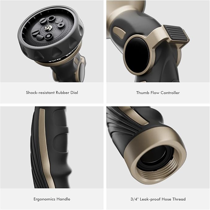 RESTMO Hose Nozzle Heavy Duty, Metal Water Hose Sprayer for Garden | 9 Spray Patterns, Leak Proof, Thumb Flow Control, On/Off Valve, Ideal for Outdoor Lawn & Plant, Car & Pet, Black