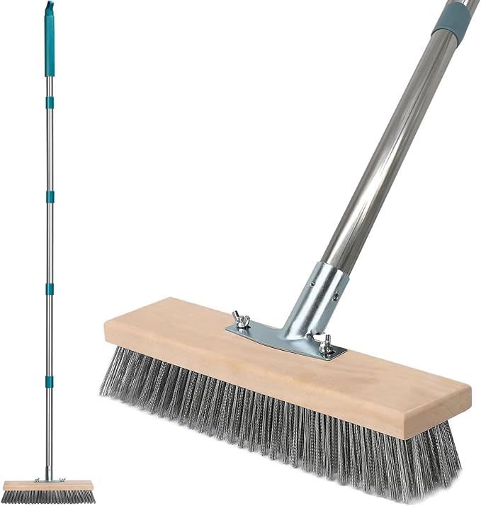 Stainless Steel Deck Scrub Brush with Long Handle, Heavy Duty Floor Scrubber Moss Remover Concrete Wire Bristle Brush for Cleaning Yard Broom Outdoor Metal Patio Scrubbing Brush