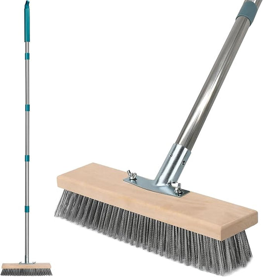 Stainless Steel Deck Scrub Brush with Long Handle, Heavy Duty Floor Scrubber Moss Remover Concrete Wire Bristle Brush for Cleaning Yard Broom Outdoor Metal Patio Scrubbing Brush