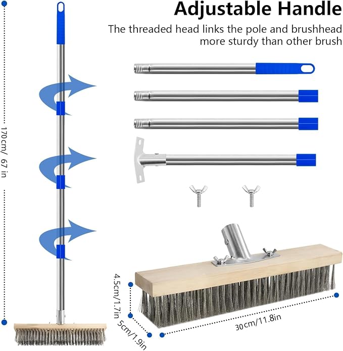 Heavy Duty Wire Brush,Deck Brush,Stainless Steel Floor Scrub Brush with Long Handle, 67" Heavy Duty Outdoor Push Broom, Moss Remover, Scratch Brush for Scrubbing Concrete, Patio, Garden, Garage