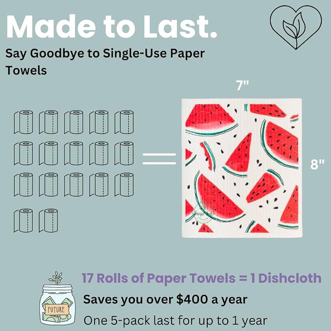 Harps&Seb Swedish Dishcloths for Kitchen Dish Towels - 5 Pack, Non-Scratch Reusable Paper Towels, Super Absorbent Washable Swedish Dish Cloths, No Odor, Biodegradable,Summer Design