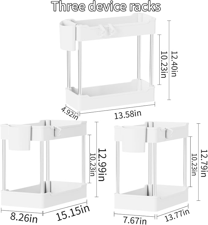 3 Pack Under Sink Organizer Bathroom and Storage Cabinet (White) | 2 Tier with Hanging Cups for Kitchen