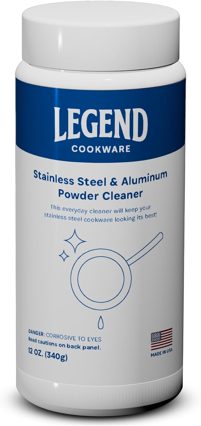 LEGEND COOKWARE Stainless Steel Powder Cleaner, 12oz - Removes Tough Stains, Burnt-On Food - No Harsh Chemicals - Works on Stainless Steel & Aluminum Cookware - Made in USA - Restores Shine