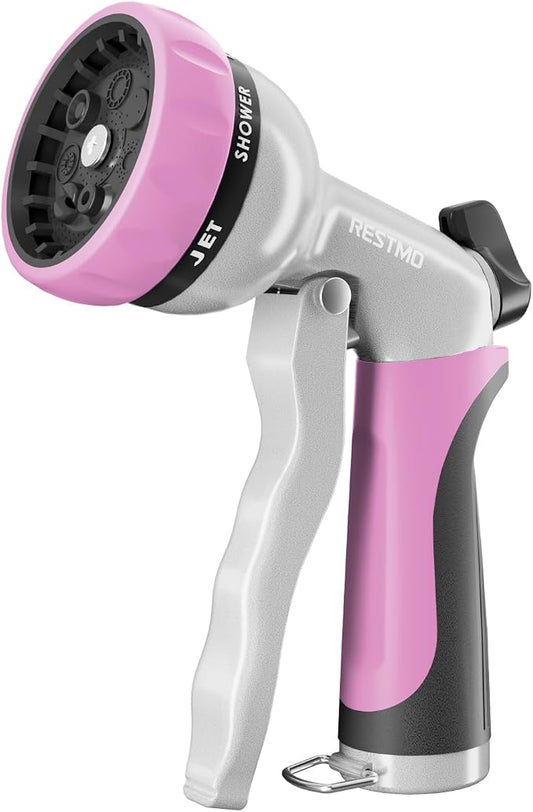 RESTMO Garden Hose Nozzle, Heavy Duty Metal Water Hose Nozzle with 7 Adjustable Spray Patterns, High Pressure Hand Sprayer with Flow Control, Best for Watering Plant & Lawn, Washing Car & Pet, Pink