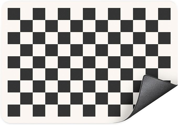 Clinuse Coffee Mats, 19"x12" Checkered Dish Drying Mat for Kitchen Counter, Quick Dry Mat, Diatomite Absorbent Aesthetic Large Drying Mats for Coffee Bar - Black White