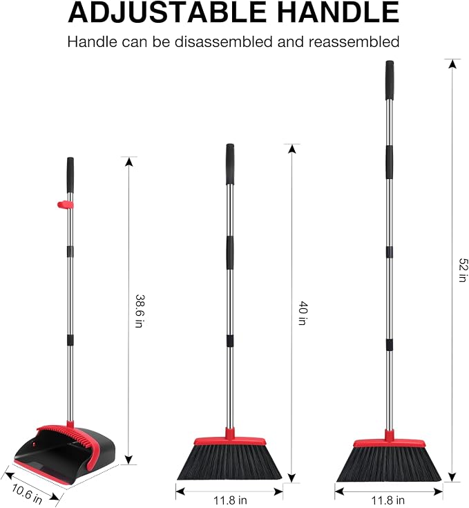 NACENA Broom and Dustpan Set, 52-in Long Adjustable Handle Broom Dustpan Combo with Dustpan Teeth to Automatically Clean Hair Suitable for Home Kitchen Office Hall Floor(Black&Red),3 Pcak