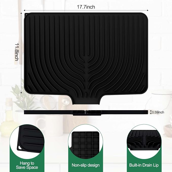 GUUKIN Silicone Dish Drying Mat,17.7" x 11.8 " Drying Matt Kitchen Counter, Dish Drying Rack Mat, Easy Clean Pad for Countertop Protection, Multi-Functional Use, Not applicable Bumps up sink (Black)