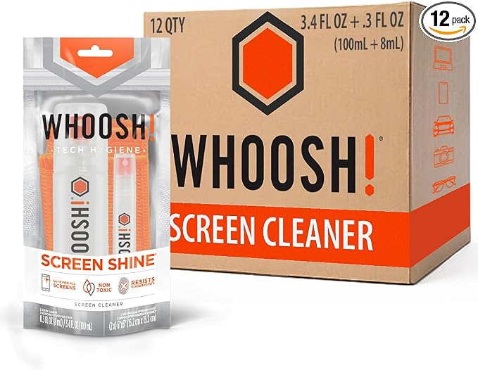 WHOOSH! Laptop Screen Cleaner Spray and Wipe [Set of 12] - 3.4 + 0.3 fl oz + 2 Microfiber Cloths - Duo with Large & Travel Size Bottles for Eyeglass Cleaner & Car Screen Cleaner- iPhone Cleaning Kit