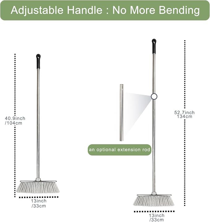 Indoor Soft Bristle Broom, 13-Inch Angle Head, Adjustable Handle