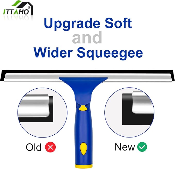 Window Squeegee with Extension Pole, Separate 12" Squeegee & 11" Microfiber Scrubber Heads, Window Cleaning Kit for Hard-to-Reach Windows, Shower Doors, Car Windshields, Indoor Outdoor-2 Pads