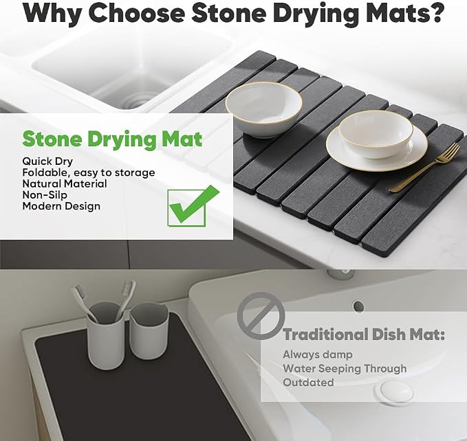 Stone Drying Mat for Kitchen Counter, Quick Diatomaceous Earth Mats for Dishes, 24"L x 16" W Super Absorbent Fast-Drying Collapsible Countertop Stone Mat (Dark Grey, 24" x 16")