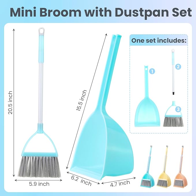 Roshtia 3 Pcs Mini Broom with Dustpan for Kids Broom and Dustpan Set Toddler Cleaning Set Boys Girls Small Cleaning for Kitchen Bathroom Pet (Yellow,Red,Green)