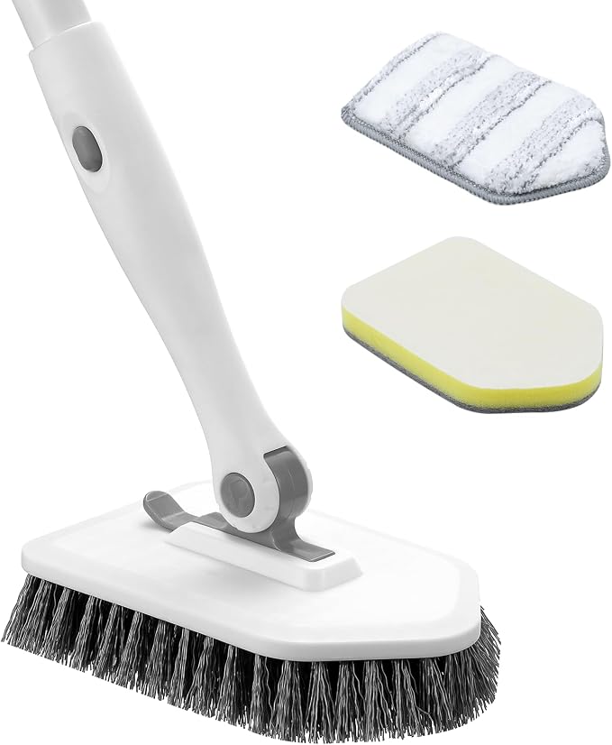 nacena Shower Scrubber with Long Handle, 4 in 1 Tile Tub Scrubber Brush with 3 Detachable Cleaning Shower Heads and Floor Squeegee Shower Cleaner Brush for Bathroom Kitchen Tub Sink Floor, Grey White