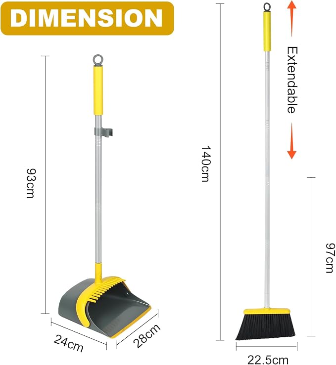 Broom and Dustpan Set with 54 Inch Long Handle - Perfect Dust Pan and Brush Combo for Home Efficient Cleaning (Yellow and Grey)
