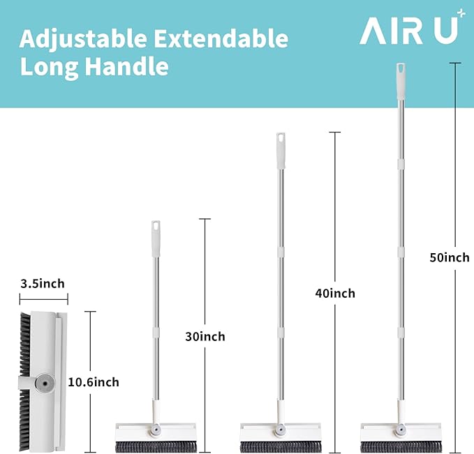 AIR U+ Floor Scrub Brush with Long Handle, 3-in-1 Rotating Head & Squeegee | Stiff Dual-Sided Bristle Scrubber for Shower, Bathroom, Kitchen and Patio, 30–50 In Handle for Easier Stand-up Cleaning