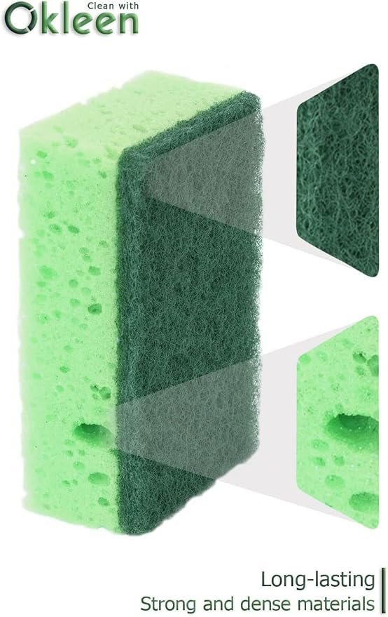 Green Multi Use Scrub Sponge. Made in Europe. 18 Pk, 4.3x2.8x1.4 inches. Odorless Heavy Duty and Non Scratch Fiber. Thick, Durable and Delicate Scrubber for Pans, Bowls, Jars, Sink, Floor