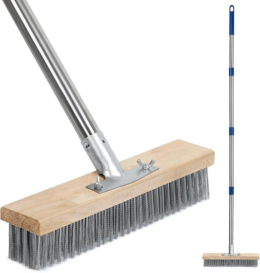 Stainless Steel Deck Scrub Brush, Outdoor Broom for Concrete, Deck, Cement Floor Cleaning, 56" Long Handled Heavy Duty Floor Scrubber