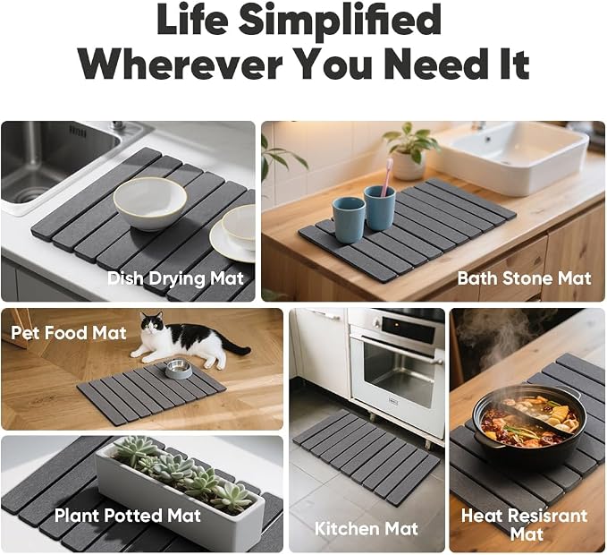 Stone Drying Mat for Kitchen Counter, Quick Diatomaceous Earth Mats for Dishes, 24"L x 16" W Super Absorbent Fast-Drying Collapsible Countertop Stone Mat (Marble Grey, 24" x 16")