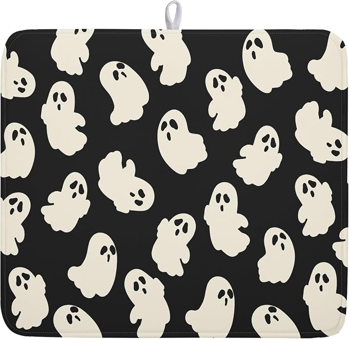 Halloween Ghost Dish Drying Mat 16X18 Inch Spooky Halloween Drying Mat for Kitchen Counter Black White Absorbent Microfiber Reversible Dishes Pad Dish Drainer Mat for Halloween Kitchen Accessories