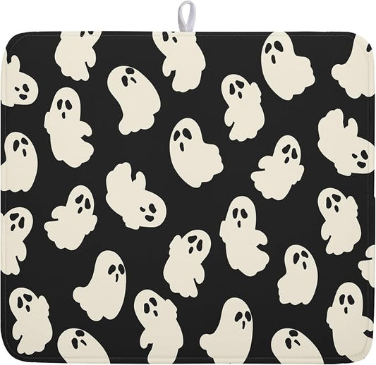 Halloween Ghost Dish Drying Mat 16X18 Inch Spooky Halloween Drying Mat for Kitchen Counter Black White Absorbent Microfiber Reversible Dishes Pad Dish Drainer Mat for Halloween Kitchen Accessories