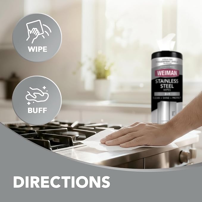 Weiman Stainless Steel Cleaner, 30 Count Wipes, Anti-Fingerprint, Removes Grease, Water Spots, Streaks & Residue, Polishing Cleaner Safe for Appliances, Chrome, Sinks & Grill Exteriors