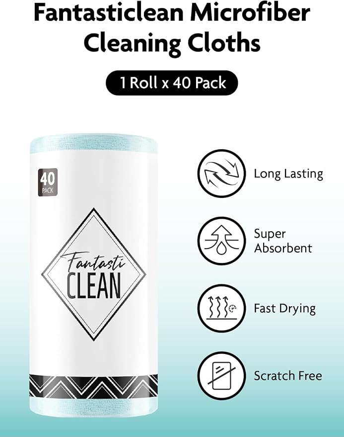 Fantasticlean Microfiber Cleaning Cloth Roll- 40 Sheets, 12" x 12" (Blue) | Super Absorbent, Lint-free, Tear-away Microfiber Towel Roll, for All-Purpose Cleaning