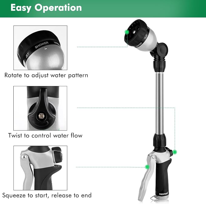 RESTMO Heavy Duty Metal Hose Wand, Watering Wand for Garden Hose | 180° Swivel Ratcheting Head, 16'' Hose Sprayer, 7 Spray Patterns, Flow Control, Ideal for Hanging Baskets & Shrubs, Black