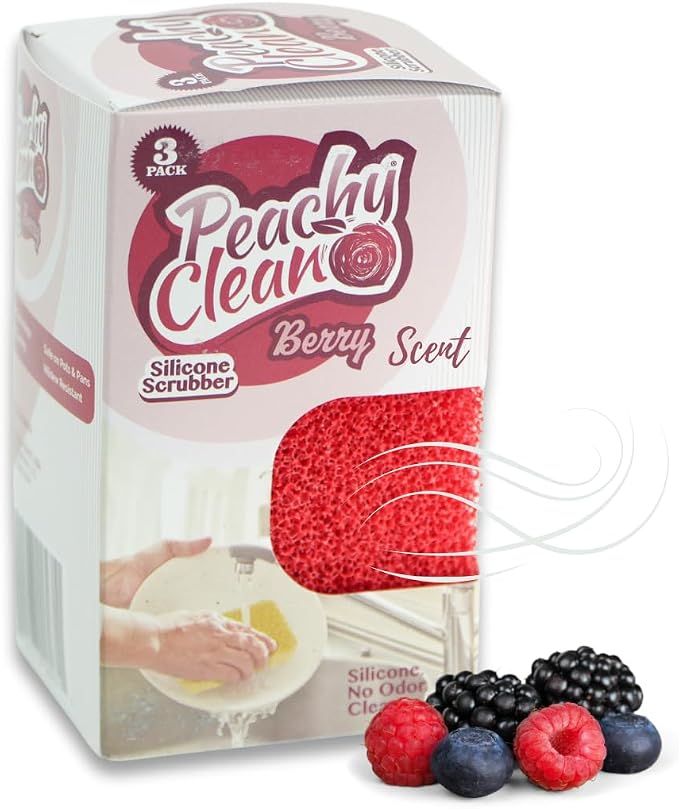Peachy Clean Silicone Dish Sponge Scrubbers, Fresh Berry Scent, Non-Scratch, Odor-Resistant, Durable Dish Sponges for Kitchen 3pk