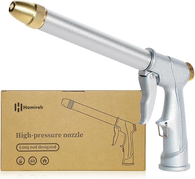 Garden Hose Nozzle with Brass Nozzle, 100% Heavy Duty Metal Water Nozzle | Fits 3/4” Garden Hose Thread with 4 Patterns, 360° Rotating Adjustable Nozzle for Plants, Lawns, Cars, Silver