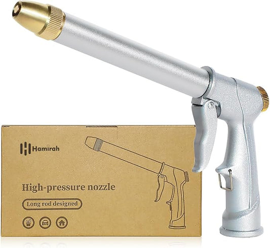 Garden Hose Nozzle with Brass Nozzle, 100% Heavy Duty Metal Water Nozzle | Fits 3/4” Garden Hose Thread with 4 Patterns, 360° Rotating Adjustable Nozzle for Plants, Lawns, Cars, Silver