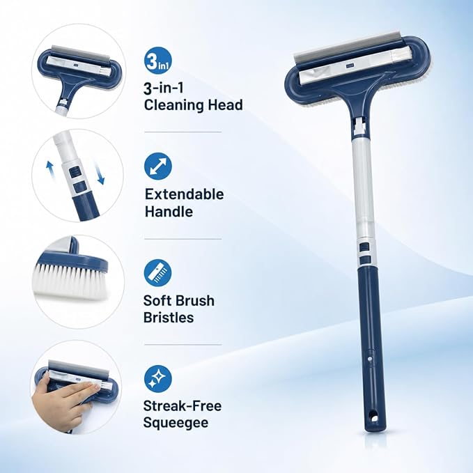 Window Screen Cleaning Brush, 2026 Upgraded 3 in 1 Mesh Cleaner Brush, Window Screen Cleaner Tool with Squeegee, Multifunctional Screen Brush, Double Sided Wet & Dry Dual Use (Blue )