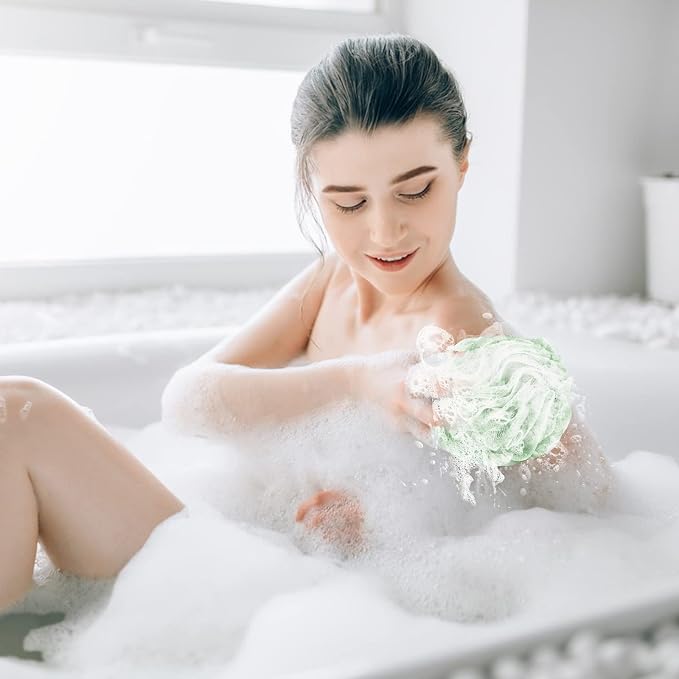 Fu Store Loofah Sponge Shower Loofahs 50g Bath Sponges Mesh Balls 4 Colors for Body Scrubber Exfoliator Wash Back Scrubbers Bathroom Men Women - 4 Pack Cleaning Bathing Accessories