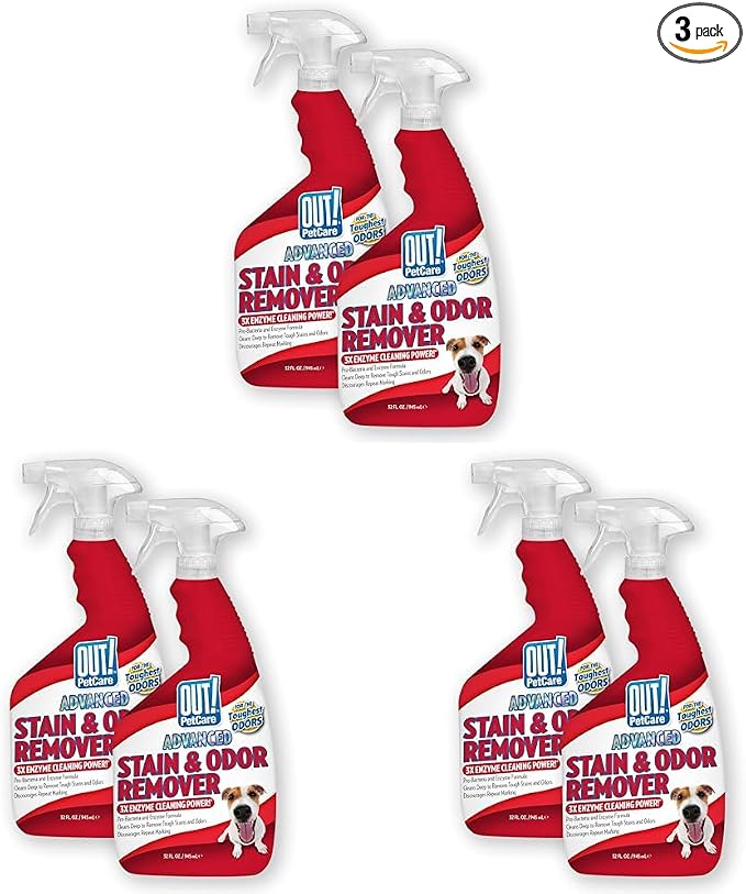 OUT! PetCare Pet Odor & Stain Remover Spray, Carpet & Floor Cleaner, Deodorizer for Dogs & Cats, Made in USA, 32 fl oz (6 Pack)