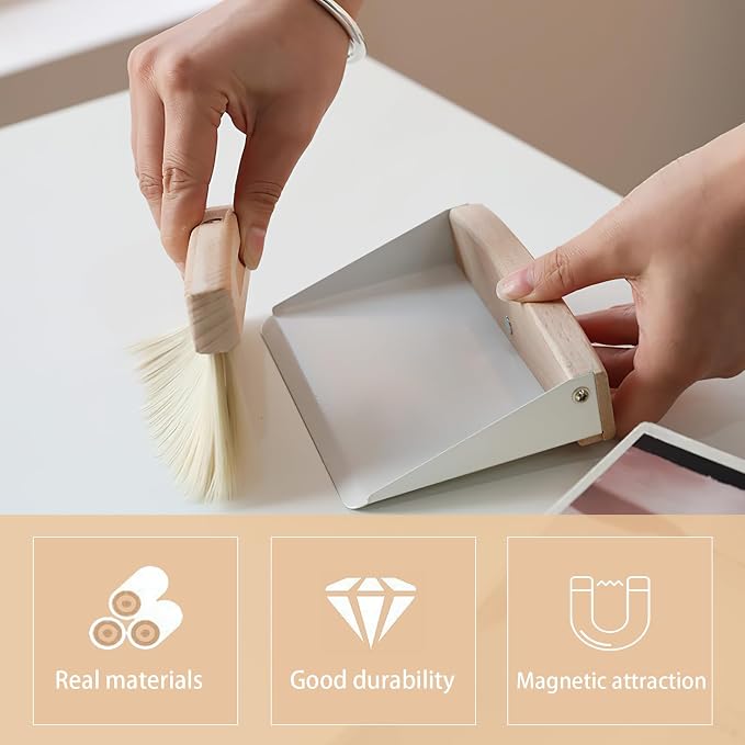 Mini Dustpan and Brush Set, Small Beechwood Broom and Dust Pan Set, Portable Cleaning Brush and Dustpan Combo with Natural Sisal