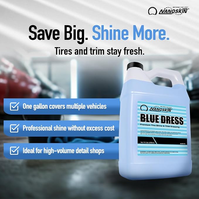 Nanoskin BLUE DRESS Premium Dressing - Sprayable Interior & Exterior Dressing| Works on Tire, Vinyl, Rubber, Plastic & Trim | Safe for Cars, Trucks, Motorcycles, RVs, Light Blue, 128 Fl Oz (Pack of 1)