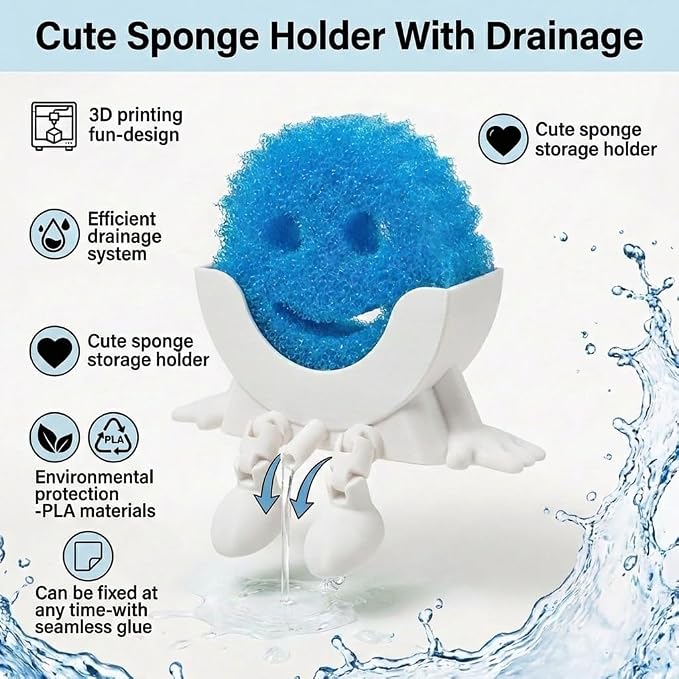Creative Drainage Sponge Holder: Traceless Glue, 3D Printed Funny Kitchen Sink Holder, Keeps Sponge Dry – for Scrub Daddy (1, White)