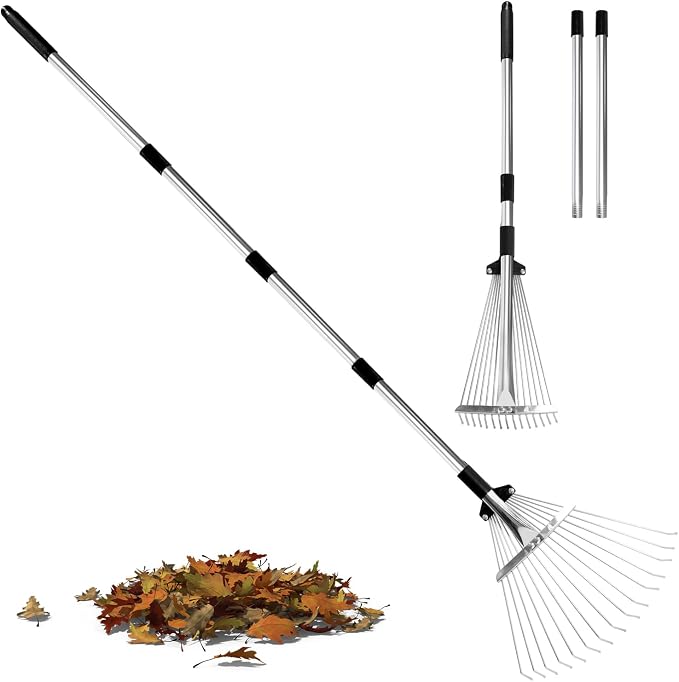 Leaf Rake Adjustable 23" to 75" - Stainless stelel Rake for Leaves, Garden Tools for Yard Lawn Shrub Garden Beds, Rastrillo para Jardin