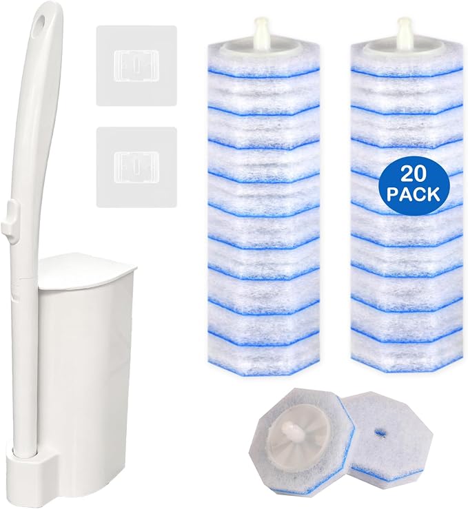 Disposable Toilet Brush and Holder Set, 20 Pre-Filled Refills, 5X Powerful No-Shed Pads, 360° Deep Toilet Bowl Clean, Toilet Bowl Cleaners with Storage Caddy & Adhesive Hooks