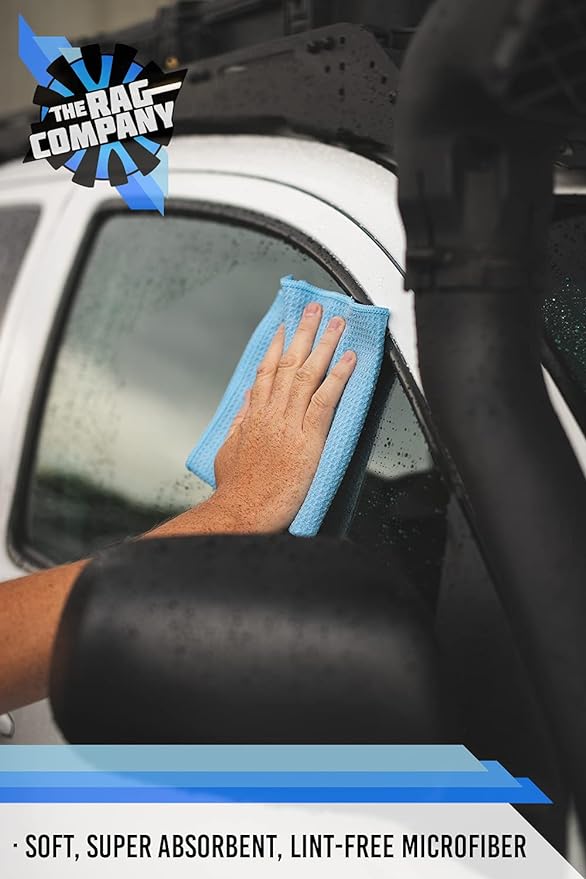 The Rag Company - Standard Waffle Weave Towels, Microfiber Detailing, Window/Glass and Drying, Wax & Polish, Lint-Free, Streak-Free, 370gsm, 16in x 16in, Light Blue (6-Pack)