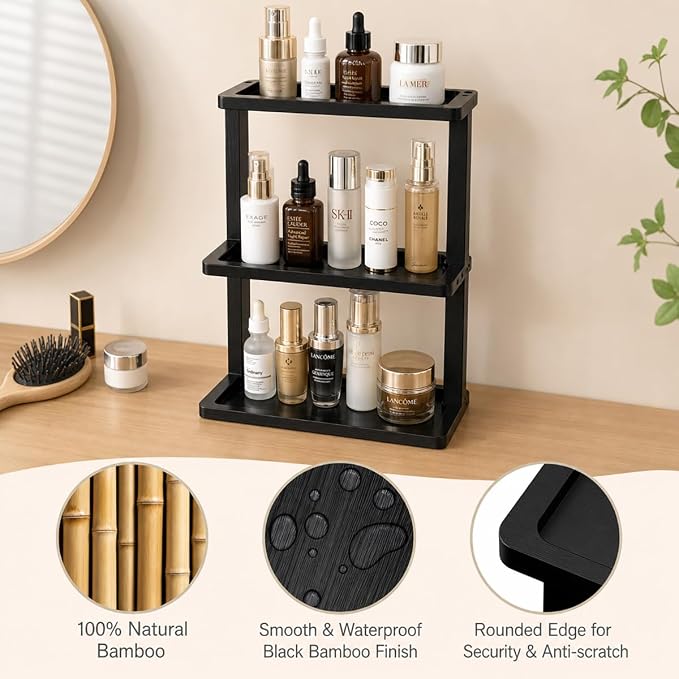 PEKER Bamboo Bathroom Organizer Countertop – Vanity Storage Shelf for Makeup, Perfume, Skincare – Natural Cosmetics Display Rack for Dresser, Sink, Kitchen – Black