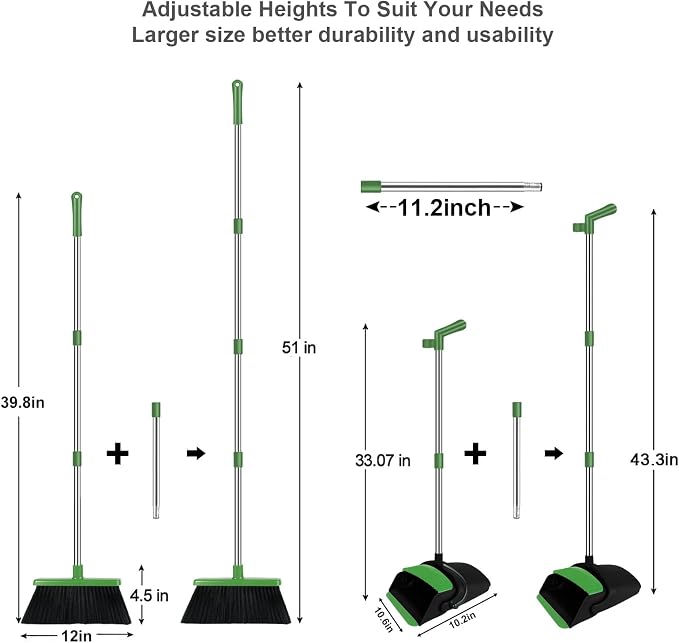 Green Broom and Dustpan Combo Set, 51" Long Handle Broom | Pet Hair & Debris Cleaning, Built-in Comb Dustpan, Space-Saving Upright Storage, Multi-Surface Use for Home, Kitchen & Office