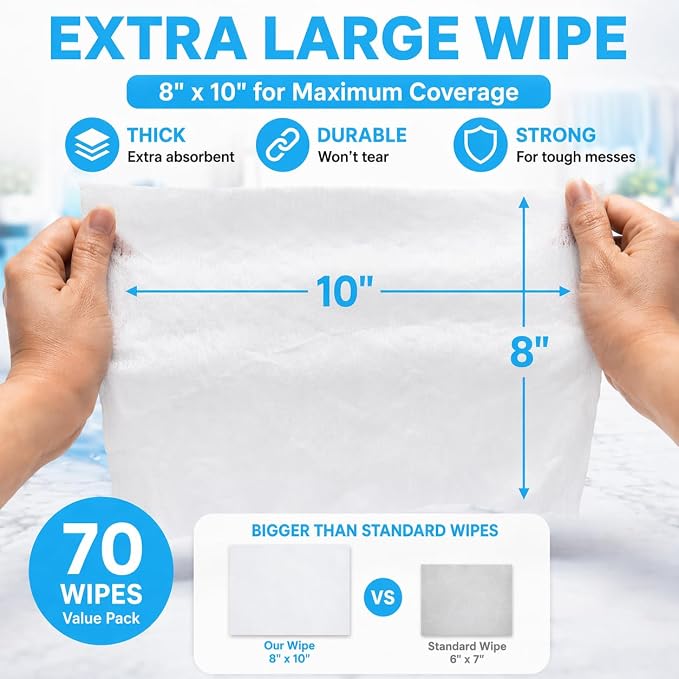 Air Jungles Glass & Window Cleaner Wipes 70 Count, XL 8x10 Inch | Ammonia-Free, Streak-Free, Safe For Car Windshield, Headlight, Mirror, Tile & Home Glass, Removes Fingerprints, Dust, Dirt