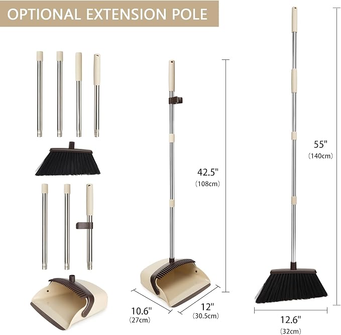 Broom and Dustpan Combo Set,55" Long Handle,Beige | Heavy Dust,Dustpans with Broom Combo,House Accessories for Home, Kitchen,Office,Classroom,Apartment,Pet Hair