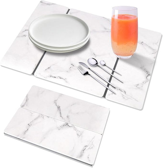 Stone Dish Drying Mat for Kitchen Counter, 24''×15'' Dishes Drying Matt Kitchen Counter, Absorbent Diatomaceous Earth Bath Quick Dry Mats for Tableware, Bottles and Cup(White Marble)