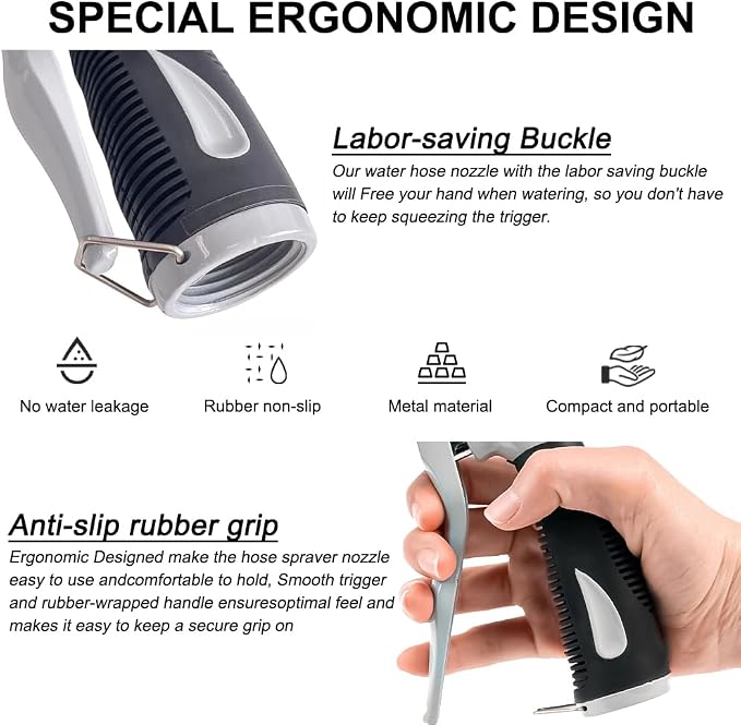 Metal Garden Hose Nozzle Heavy Duty, High Pressure with 8 Patterns | Water Hose Sprayer Nozzle, Non-Slip Grip Hose Sprayer Outdoor for Watering Plants & Lawns, Washing Cars & Pets