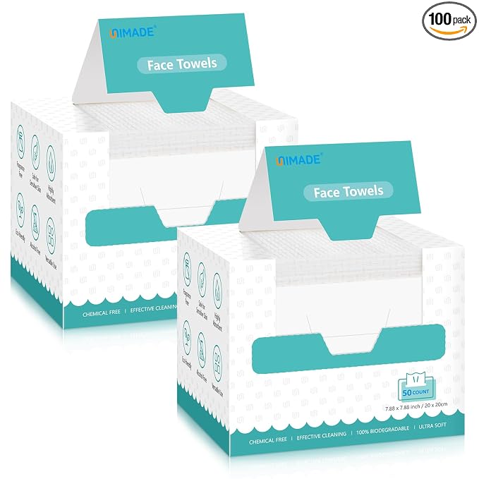 UNIMADE Face Towels, 100 Count Disposable Face Towelette for Washing Face, Skincare, Ultra Soft Facial Towel for Sensitive Skin, Lint-free Makeup Remover Dry Wipes - 2 Box